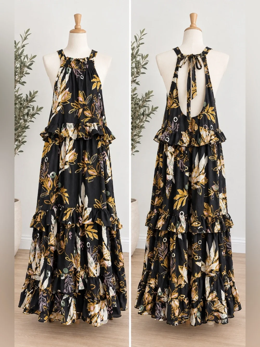 Free People Anita Printed Maxi Dress Small Black Floral Tiered Ruffle Boho